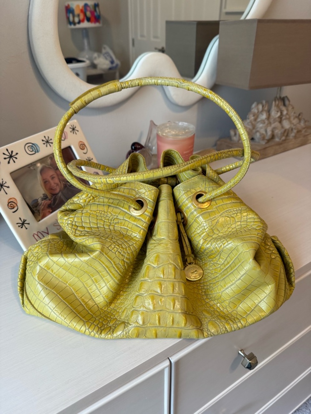 Vintage Brahmin Yellow Croc-Embossed Bucket Bag - Designer Style